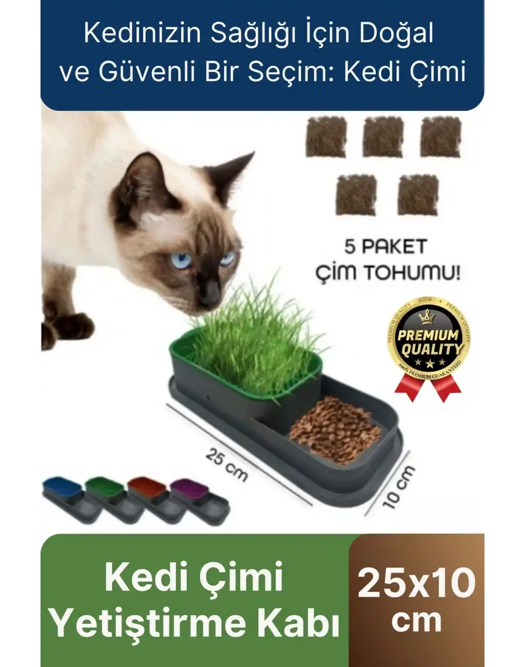 Premium Seri Hidroponik Topraksız Doğal 5 Adet Tohum Hediyeli Kedi Çimi Yetiştirme Kabı 25 x 10 cm