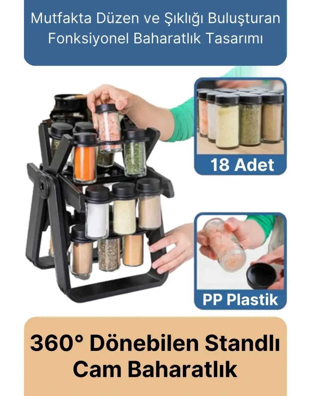 Özel Üretim Dayanıklı 360° Dönebilen Düzenleyici Standlı 18 Adet 100ml Cam Baharatlık 34x26x23 cm