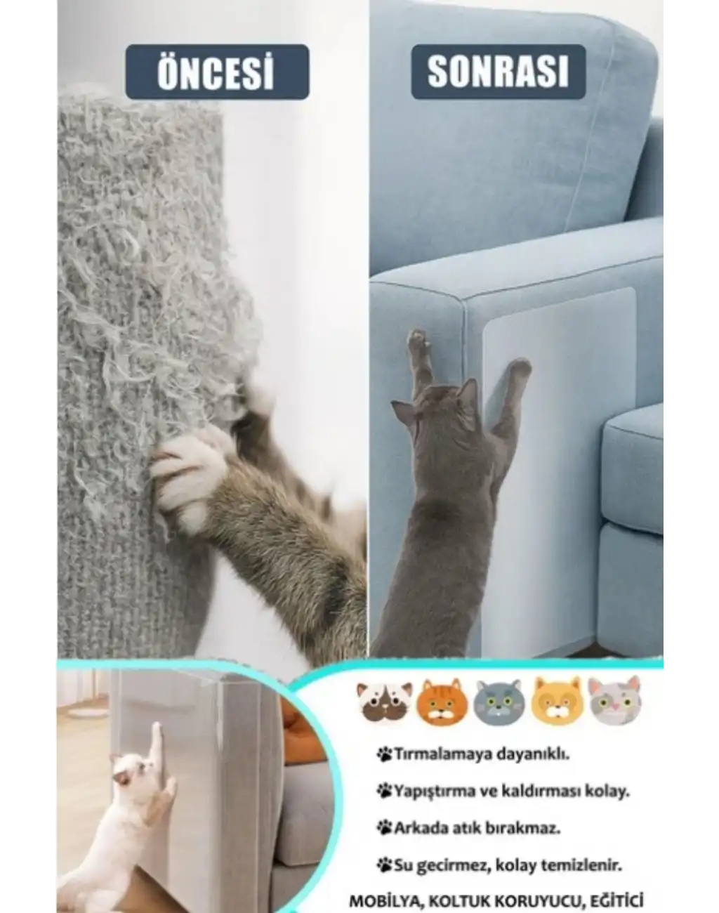 Dayanıklı Kolay Uygulanabilir Yapıştırılabilir Eşya Mobilya Koruyucu Kedi Tırmalama Matı 100 x 30 cm