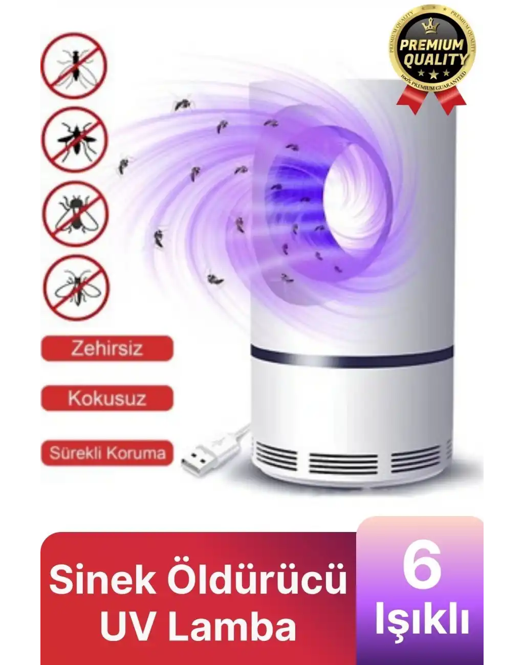 Premium Kimyasalsız Sessiz Şarjlı Uv 6 Işıklı Elektrikli Haşere Böcek Sinek Kovucu Öldürücü Lamba