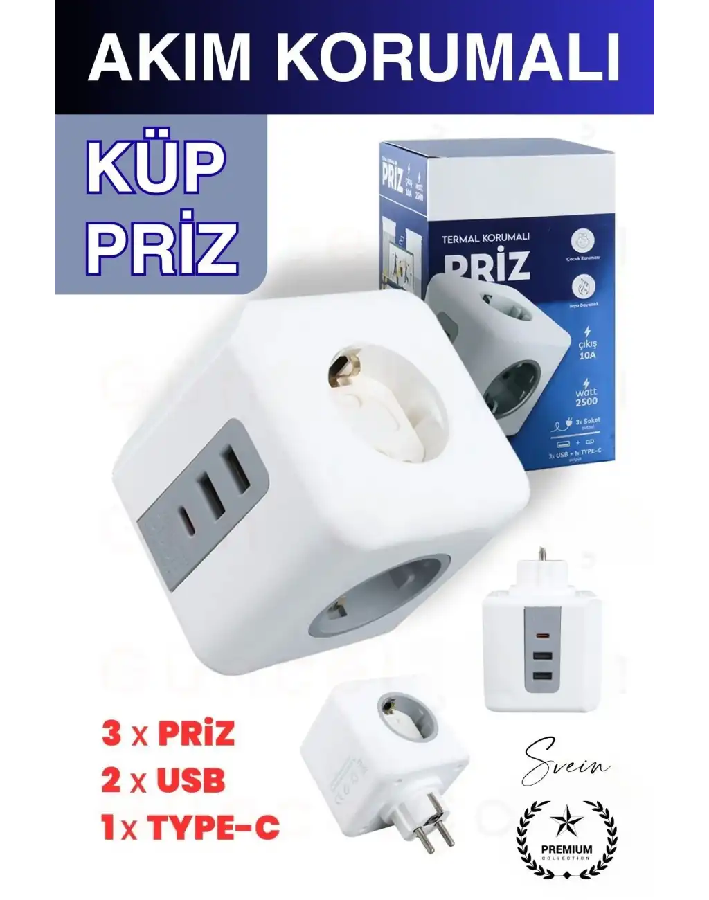 Premium 3lü Duvar Çocuk ve Akım Korumalı Isıya Dayanıklı Çoklu Küp Priz Usb Type-C Girişli Topraklı