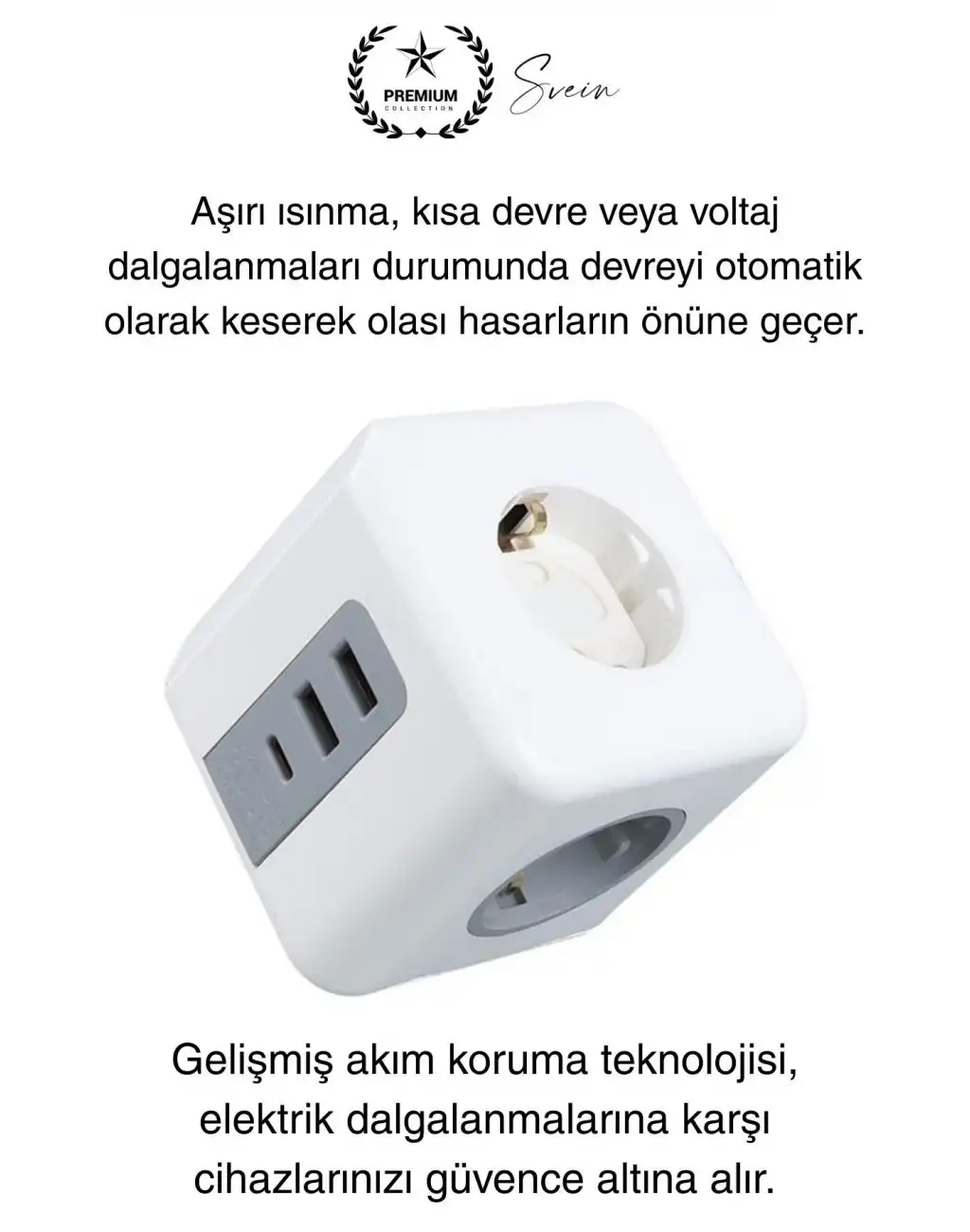 Premium 3lü Duvar Çocuk ve Akım Korumalı Isıya Dayanıklı Çoklu Küp Priz Usb Type-C Girişli Topraklı