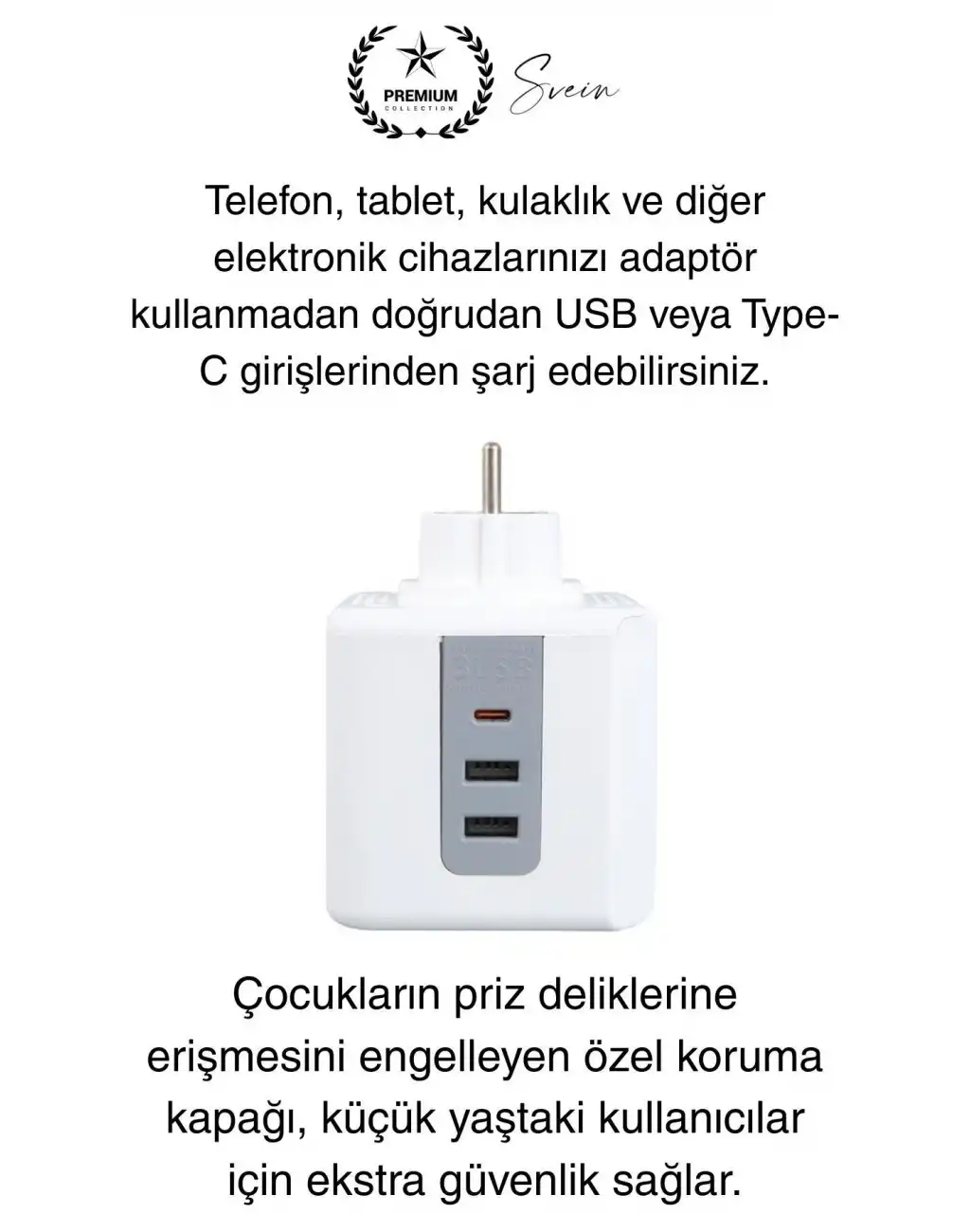 Premium 3lü Duvar Çocuk ve Akım Korumalı Isıya Dayanıklı Çoklu Küp Priz Usb Type-C Girişli Topraklı