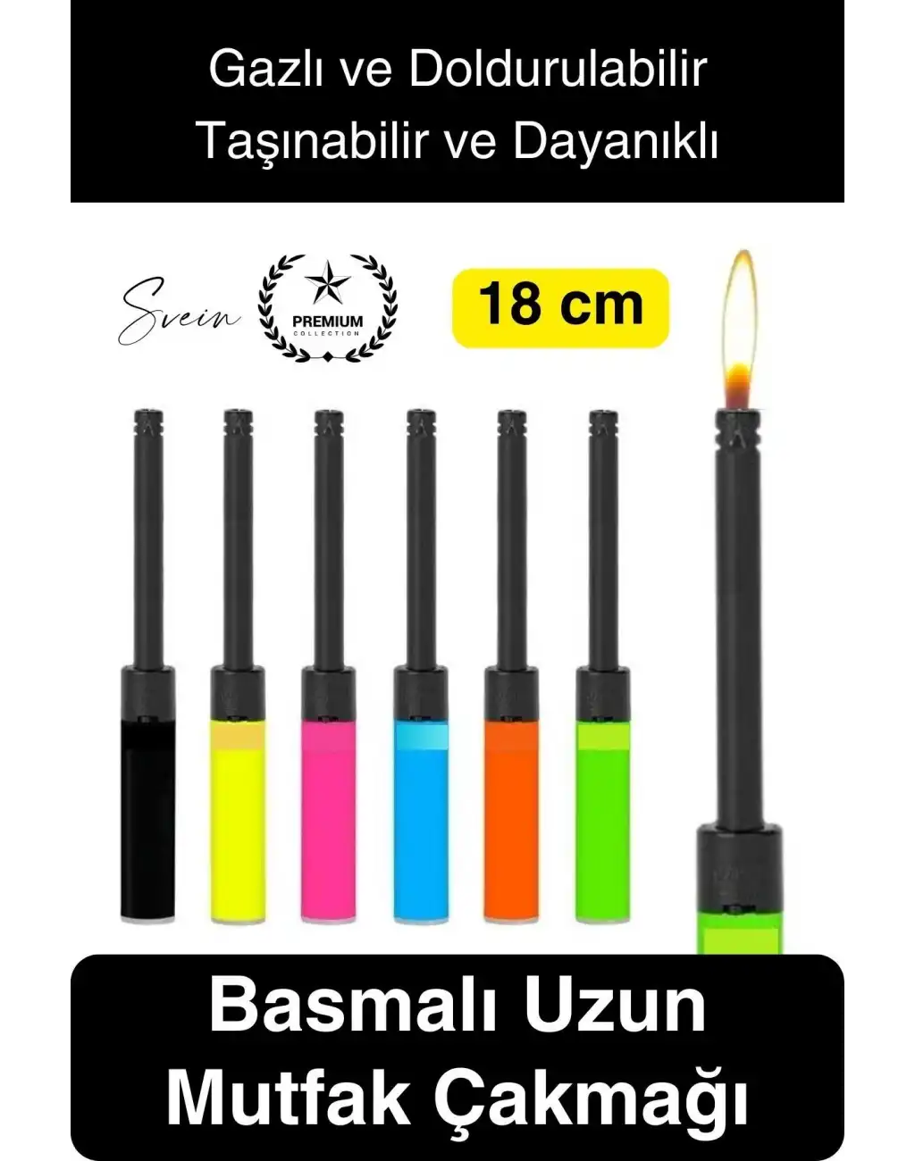 Premium 18 cm Basmalı Uzun Mutfak Çakmağı Gazlı Doldurulabilir Mum Mangal Kamp İçin Normal Alev