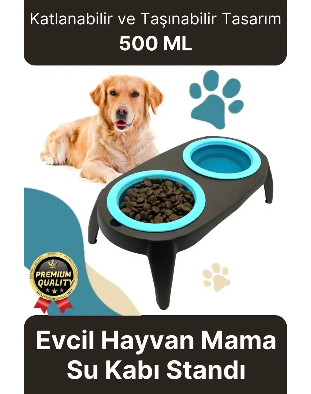Yeni Seri Ayarlanabilir Ergonomik Portatif Katlanabilir İkili Kedi Köpek Mama Su Kabı Standı 500 Ml