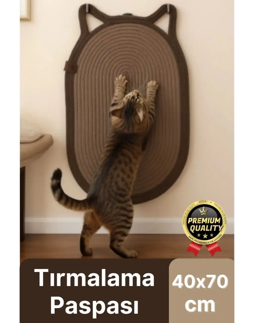 Dekoratif Dayanıklı Zemin Dostu %100 Doğal Jüt İp Kedi Şekilli Duvar Tipi Tırmalama Paspası 40x70cm