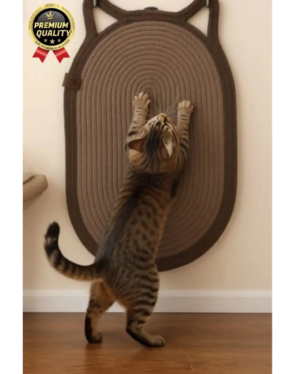 Dekoratif Dayanıklı Zemin Dostu %100 Doğal Jüt İp Kedi Şekilli Duvar Tipi Tırmalama Paspası 40x70cm