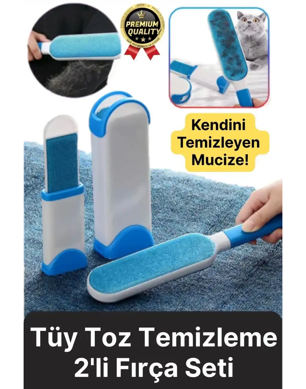 Çift Taraflı Kendini Temizleyen Mobilya Tişört Koltuk Kıyafet Halı Tüy Toplayıcı 2li Fırça Seti