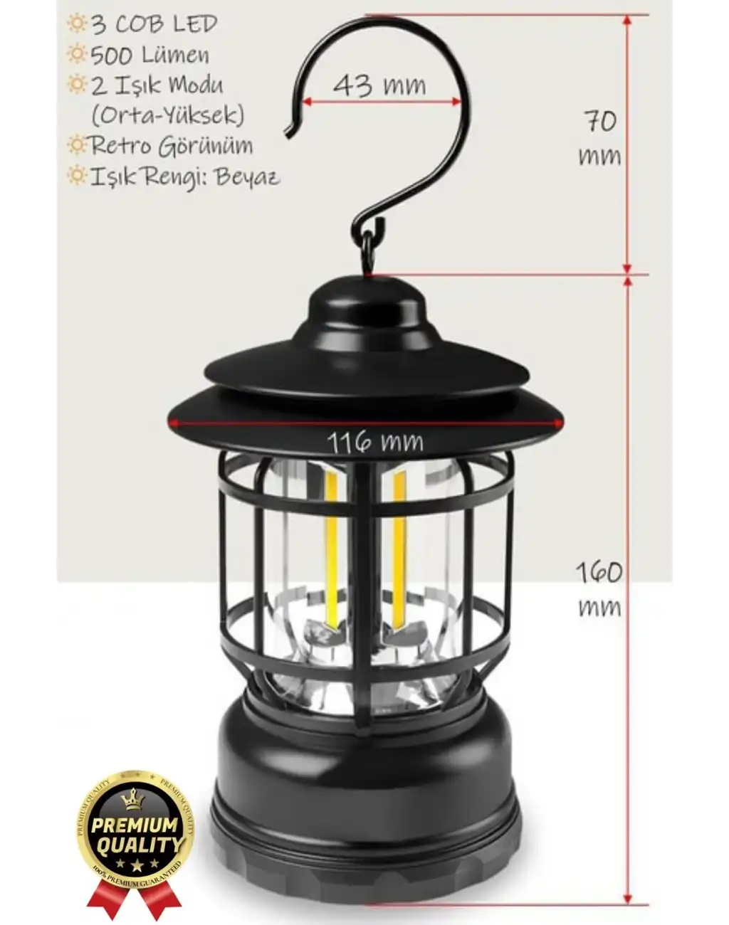 Çok Amaçlı Ayarlanabilir Şarjlı 2 Kademeli 500 Lümen Enerji Tasarruflu 3 COB Retro LED Kamp Lambası