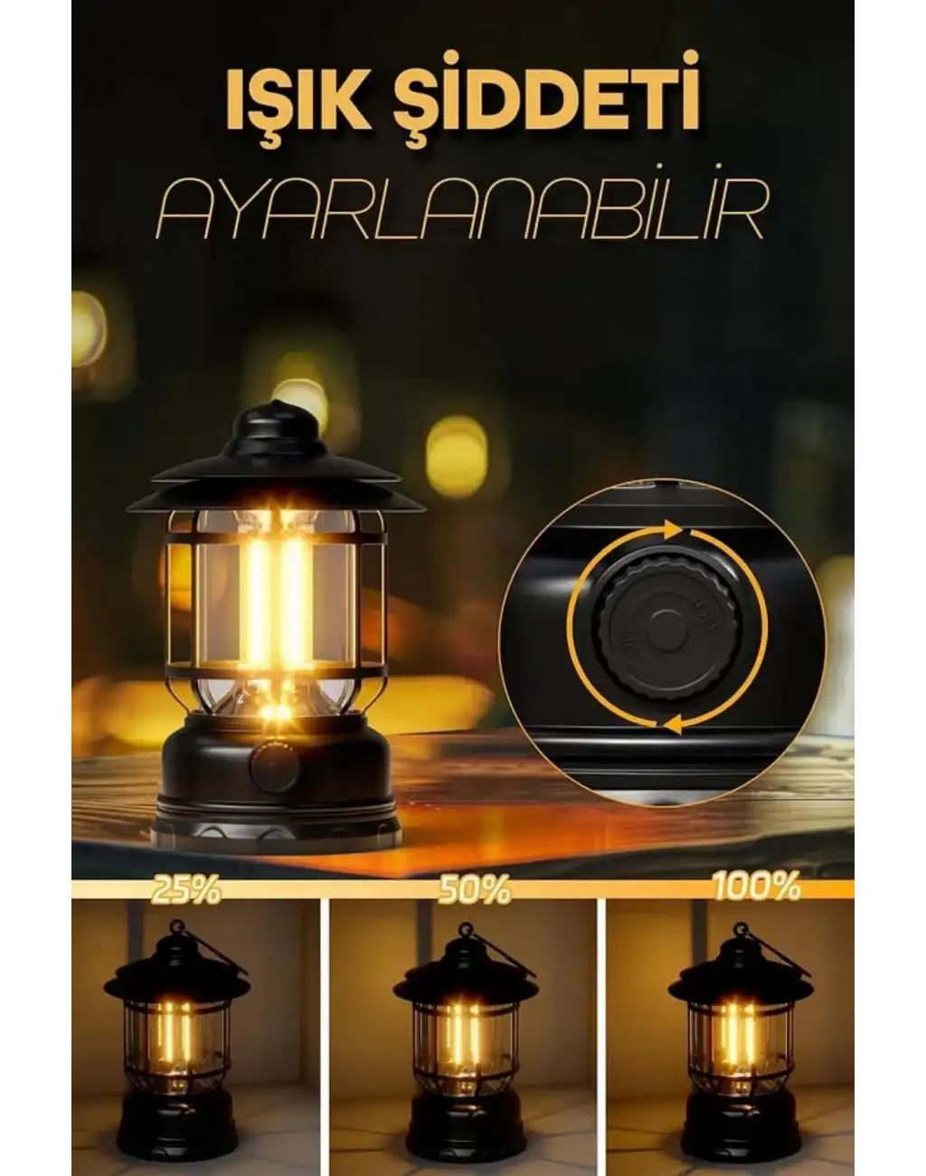 Çok Amaçlı Ayarlanabilir Şarjlı 2 Kademeli 500 Lümen Enerji Tasarruflu 3 COB Retro LED Kamp Lambası