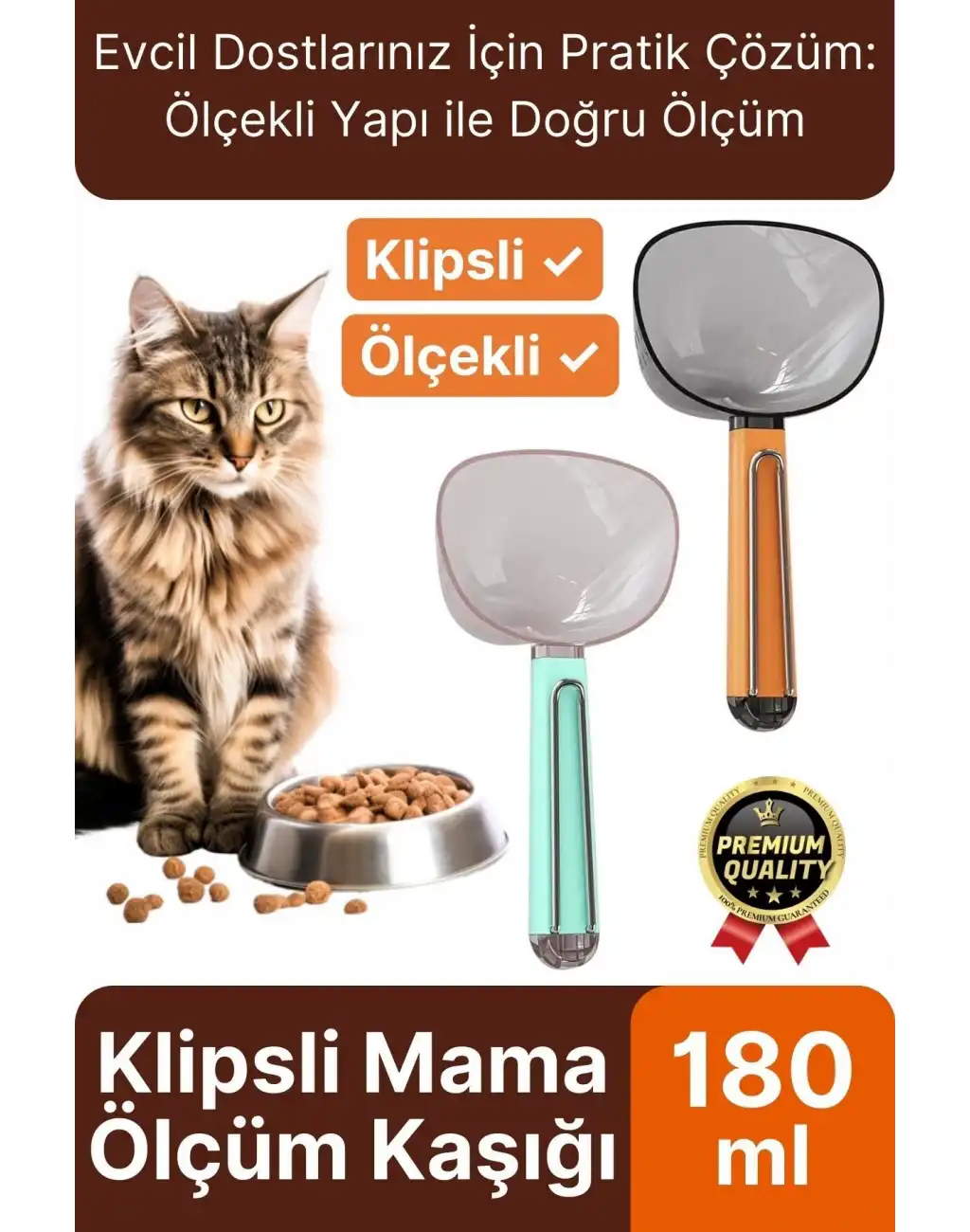 Çok Amaçlı Klipsli Ölçekli Şeffaf Başlıklı 180ml Kapasiteli Kedi Köpek Mama Ölçüm Kaşığı Küreği