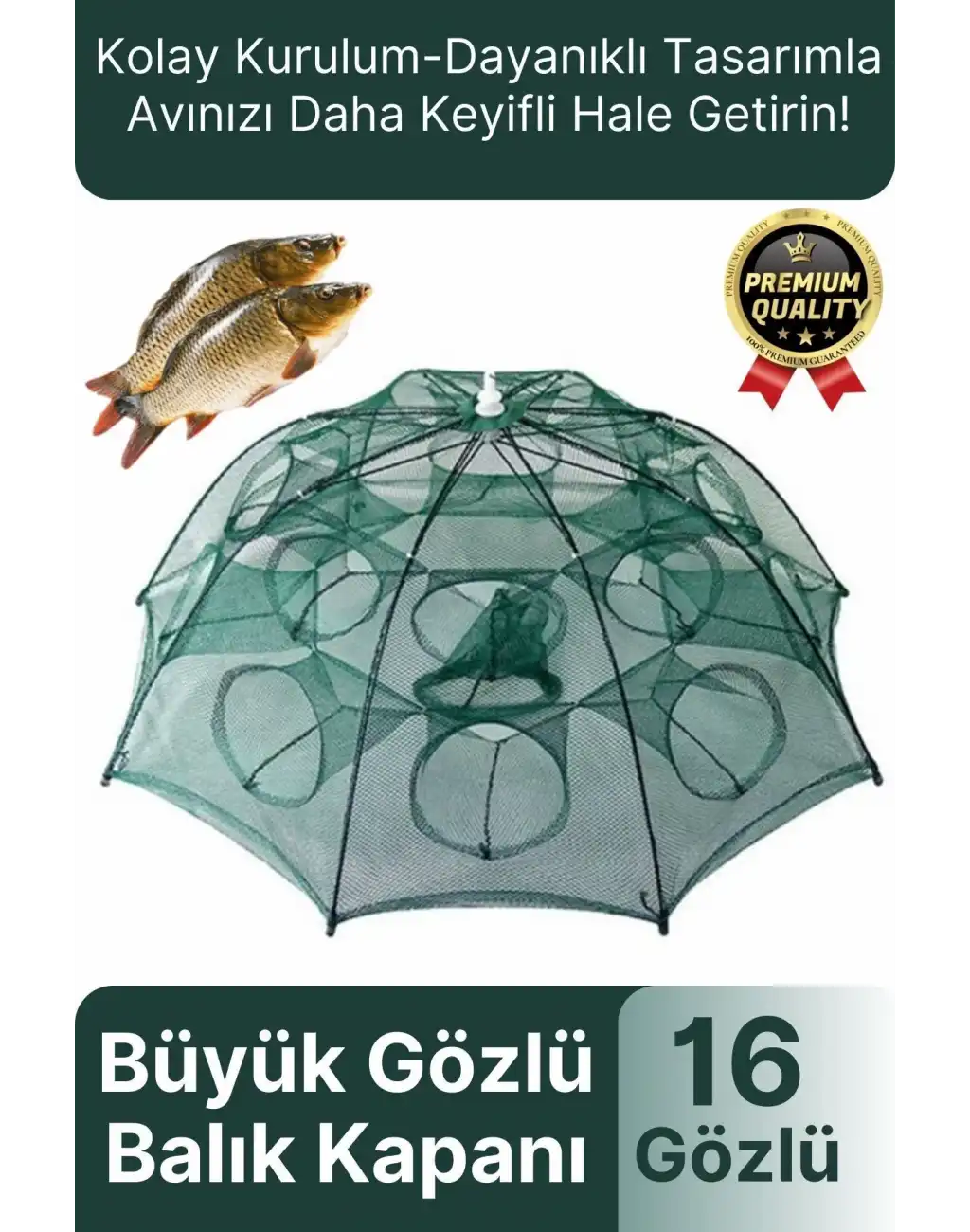 Özel Kolay Kurulum Fermuarlı Yem Bölmeli Büyük Gözlü Yengeç Balık Tuzağı Kapanı Ağı Filesi 16 Gözlü