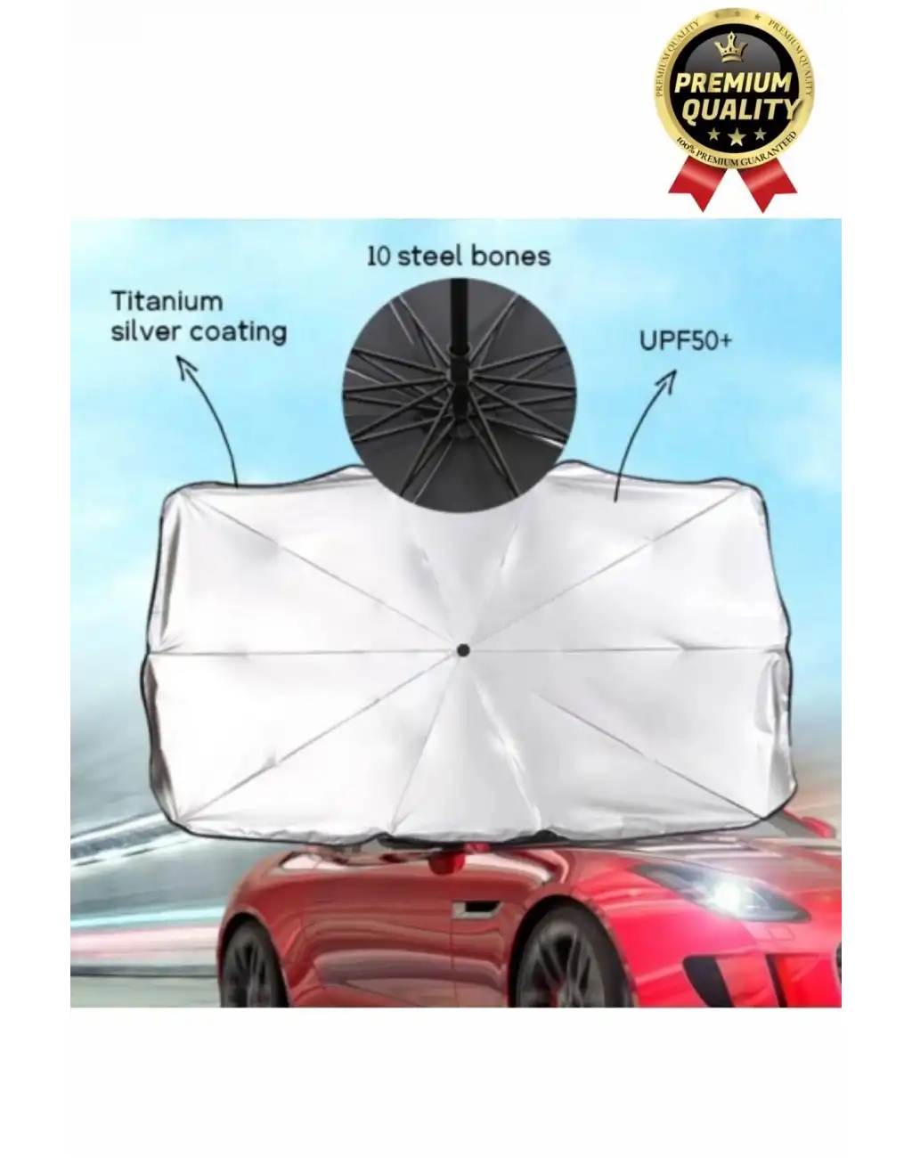 Özel Üretim Dayanıklı Titanyum Gümüş Kaplama UV Geçirmez Tüm Araçlar Araba Ön Cam Şemsiye Güneşlik