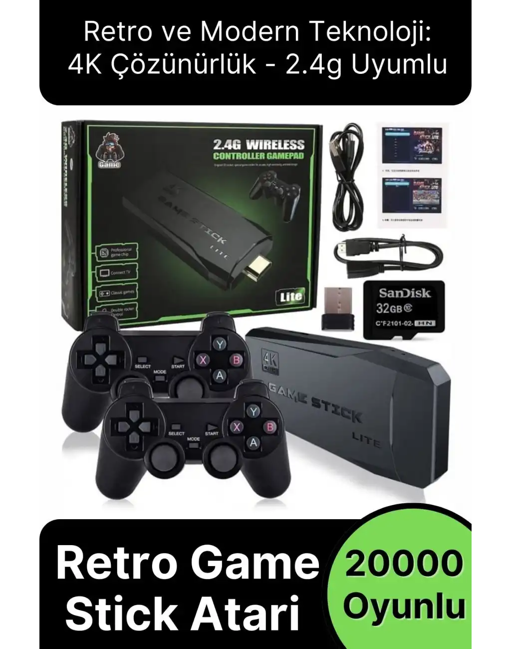 Nostaljik 4K Çözünürlük 2.4g Uyumlu Kablosuz Çift Kol Konsol Retro 20000 Oyunlu Game Stick Atari