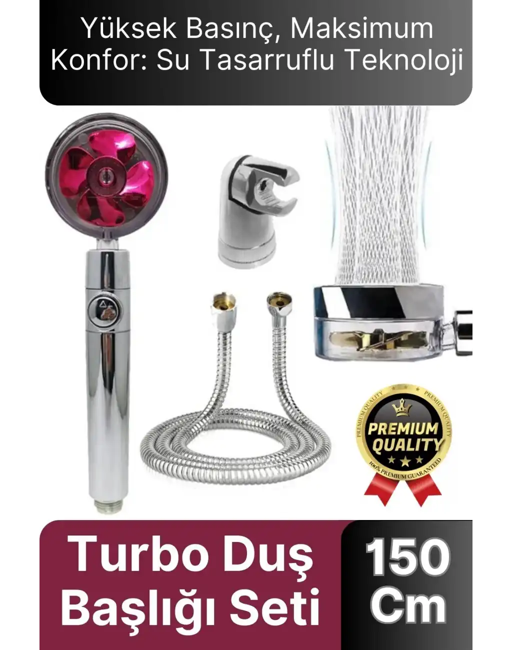 Özel Basınçlı Stop Düğmeli Pervaneli Su Tasarruflu Paslanmaz Turbo Duş Başlığı Hortum Mafsal Seti