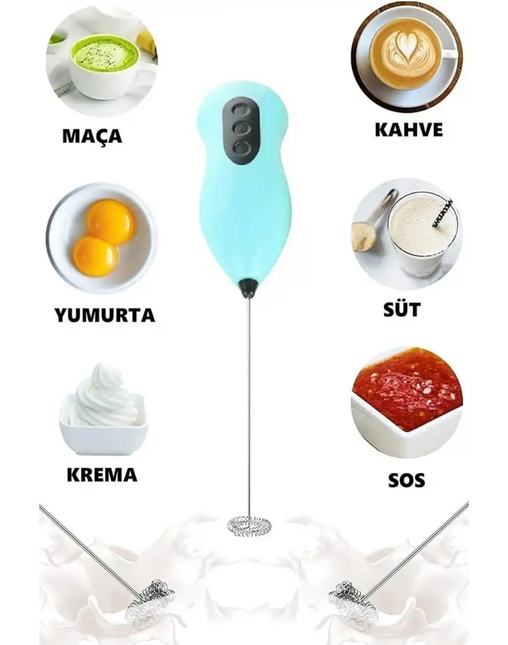 Premium Çelik Uçlu Pilli Mini Kahve Sos Krema Mama Yumurta Çırpıcı Karıştırıcı Süt Köpürtücü Mikser