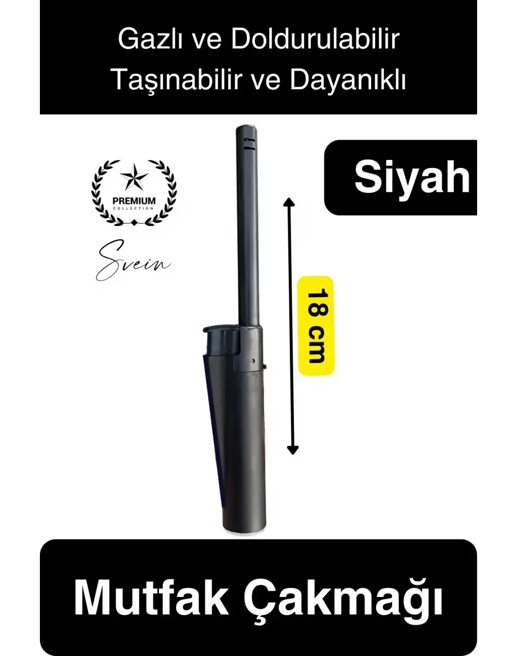 Premium 18 cm Siyah Basmalı Uzun Mutfak Çakmağı Gazlı Doldurulabilir Mum Mangal Kamp İçin Ateş