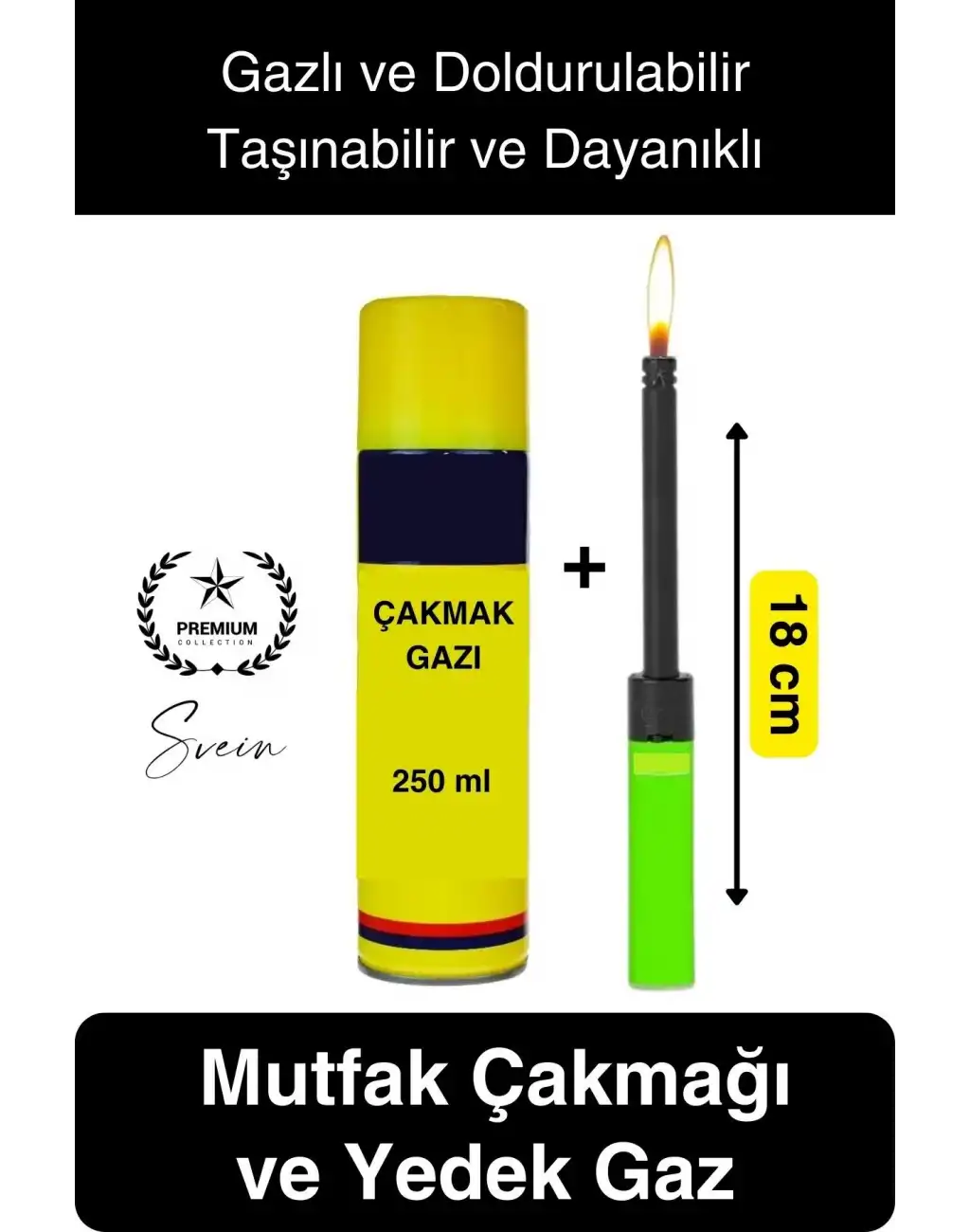 Premium 18 cm Basmalı Uzun Mutfak Çakmağı ve Yedek Gazlı 250 ml Mum Mangal Kamp İçin Normal Alev