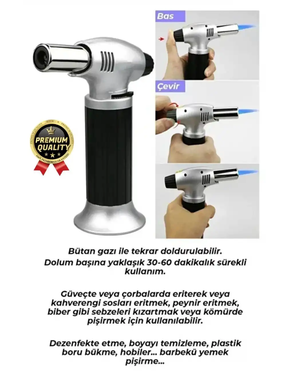 Profesyonel 1300 Derece Sıcaklık Veren Kamp Mangal Tatlı Kömür Gaz Doldurulabilir Alev Pürmüz Çakmak