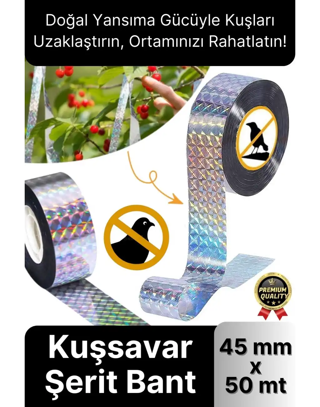 Premium Dayanıklı Yansıtıcı Kuş Kondurmaz Uzaklaştırıcı Hologramlı Kuşsavar Şerit Bant 45 mm x 50 mt