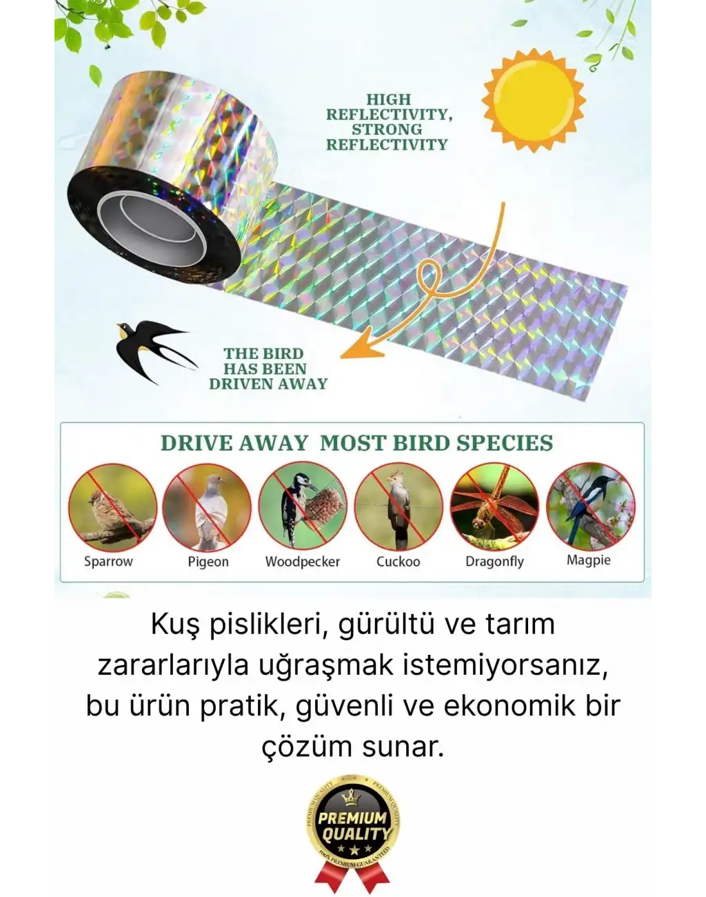 Premium Dayanıklı Yansıtıcı Kuş Kondurmaz Uzaklaştırıcı Hologramlı Kuşsavar Şerit Bant 45 mm x 50 mt