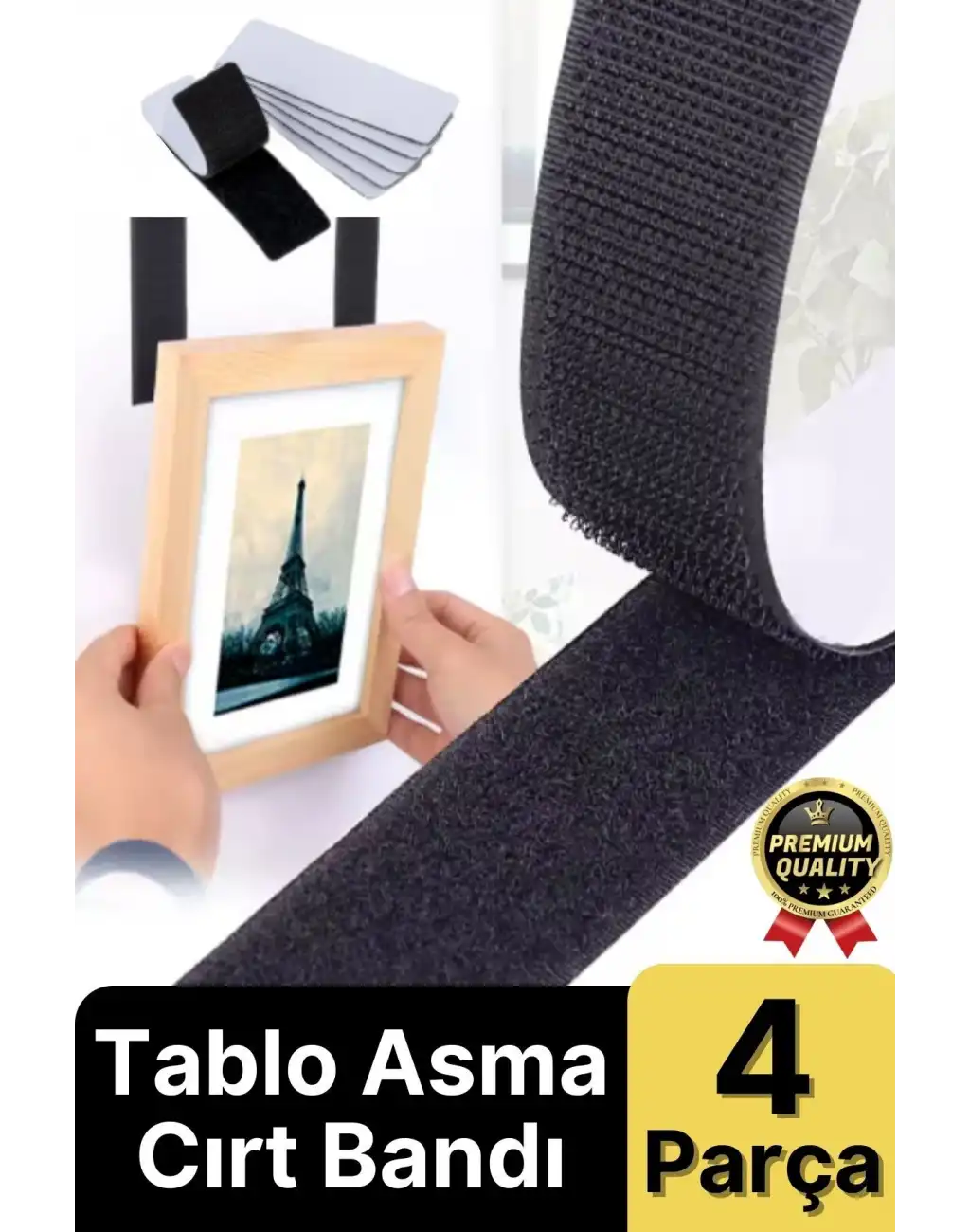 Ultra Güçlü İz Bırakmaz Çivisiz Tablo Çerçeve Asma Kendinden Yapışkanlı Siyah Cırt Bant 4lü Set