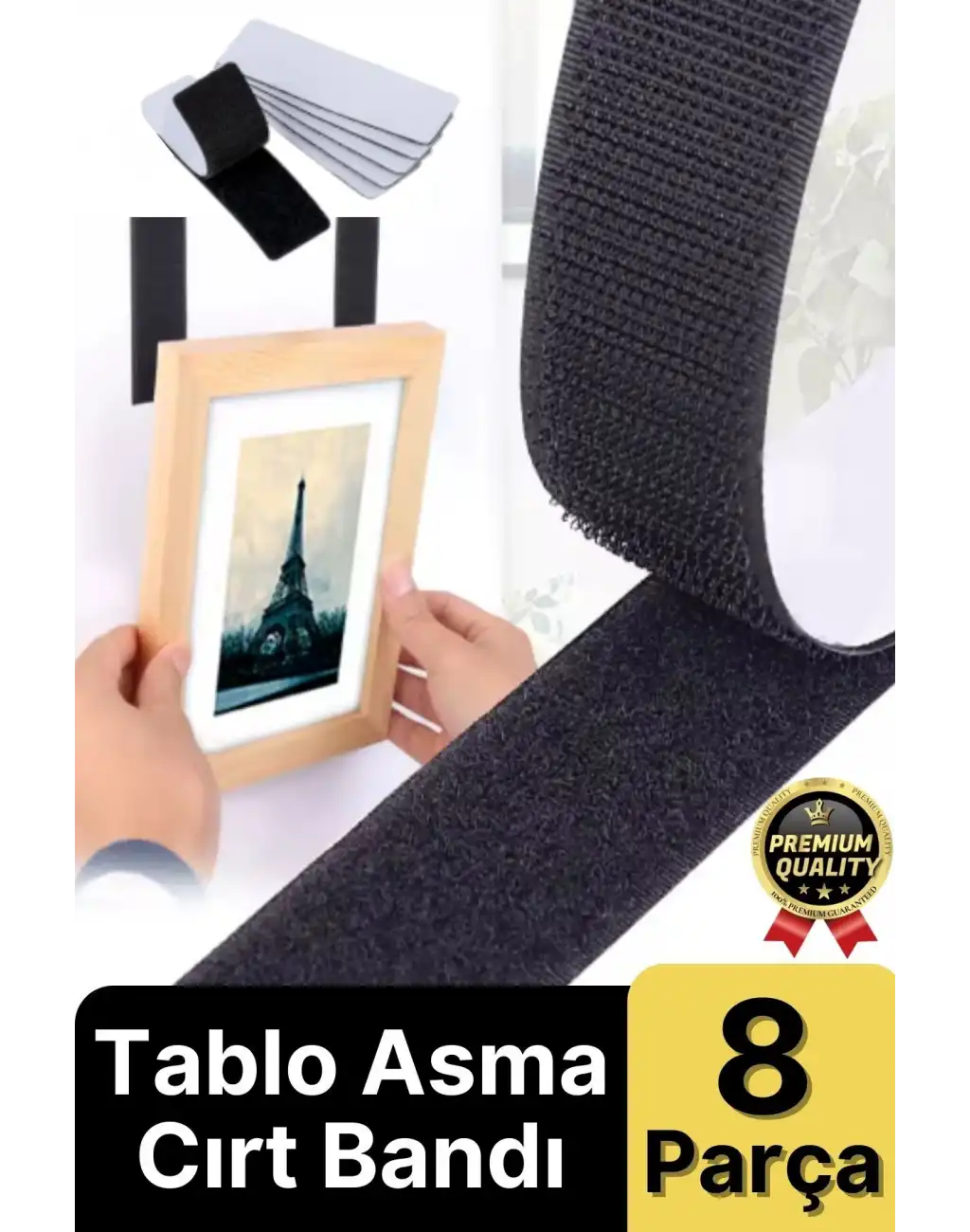 Ultra Güçlü İz Bırakmaz Çivisiz Tablo Çerçeve Asma Kendinden Yapışkanlı Siyah Cırt Bant 8li Set