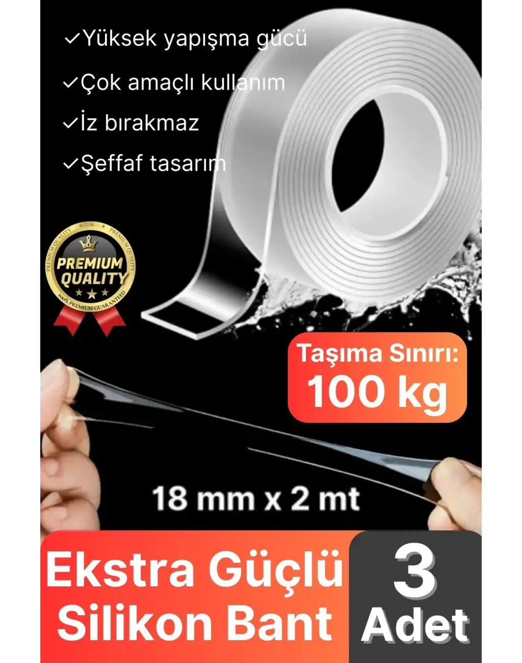 3 Adet Çok Amaçlı Çift Taraflı İz Bırakmaz Tamir Montaj Bandı Şeffaf Güçlü Silikon Bant 18 mm X 2 mt