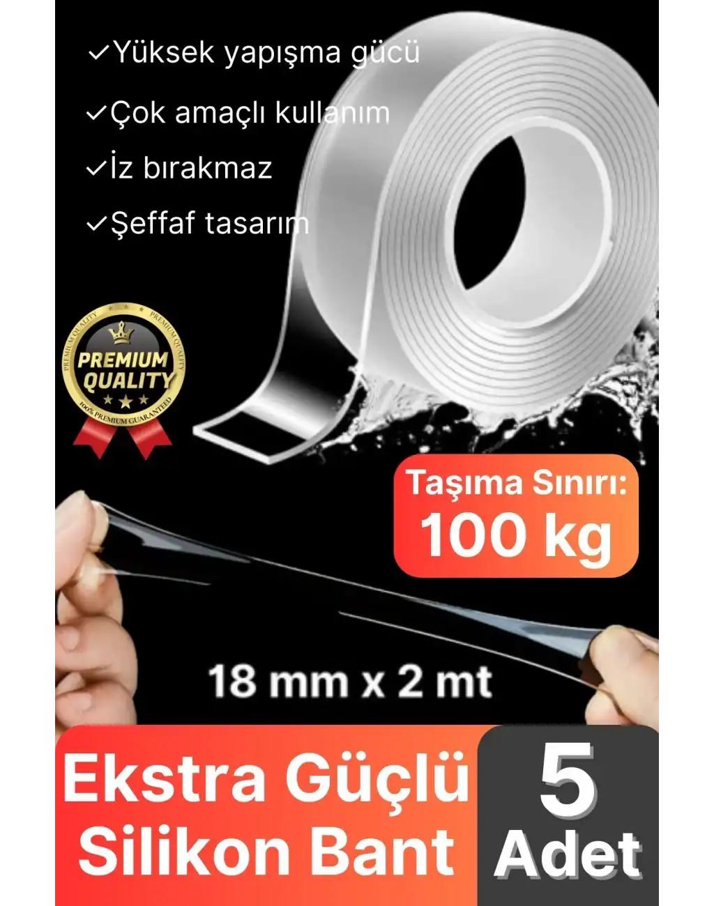 5 Adet Çok Amaçlı Çift Taraflı İz Bırakmaz Tamir Montaj Bandı Şeffaf Güçlü Silikon Bant 18 mm X 2 mt