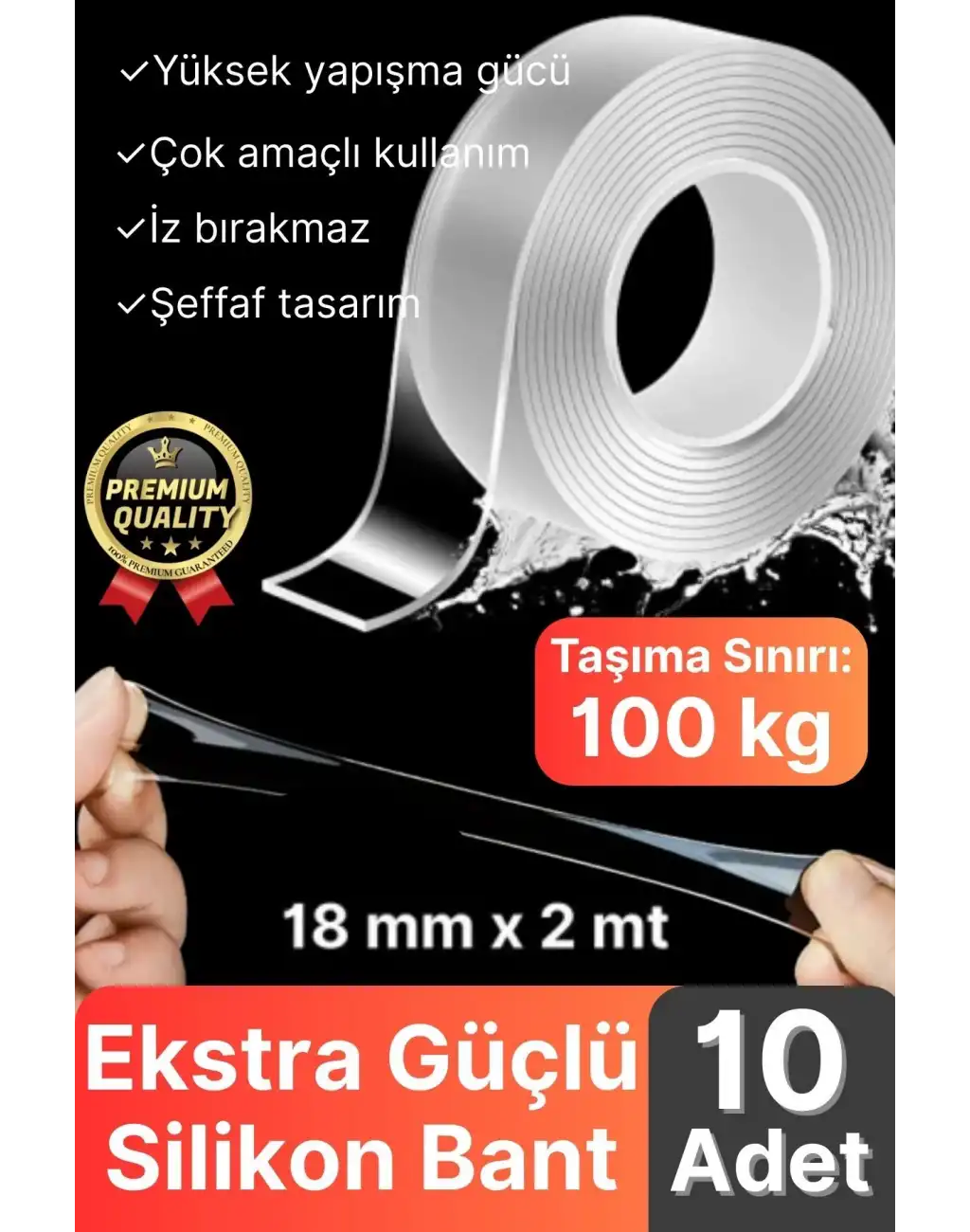 10 Adet Çok Amaçlı Çift Taraflı İz Bırakmaz Tamir Montaj Bandı Şeffaf Güçlü Silikon Bant 18mm X 2 mt