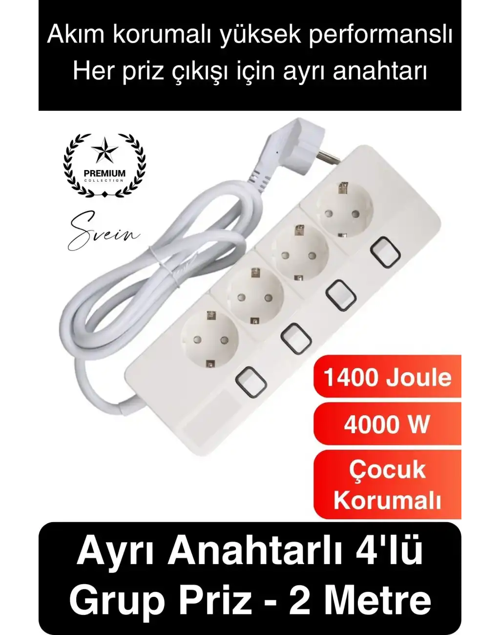 Özel Üretim 4lü Ayrı Anahtarlı 2 Metre Akım Korumalı Grup Priz 1400 Joule 4000W Çoklu Uzatma Kablo