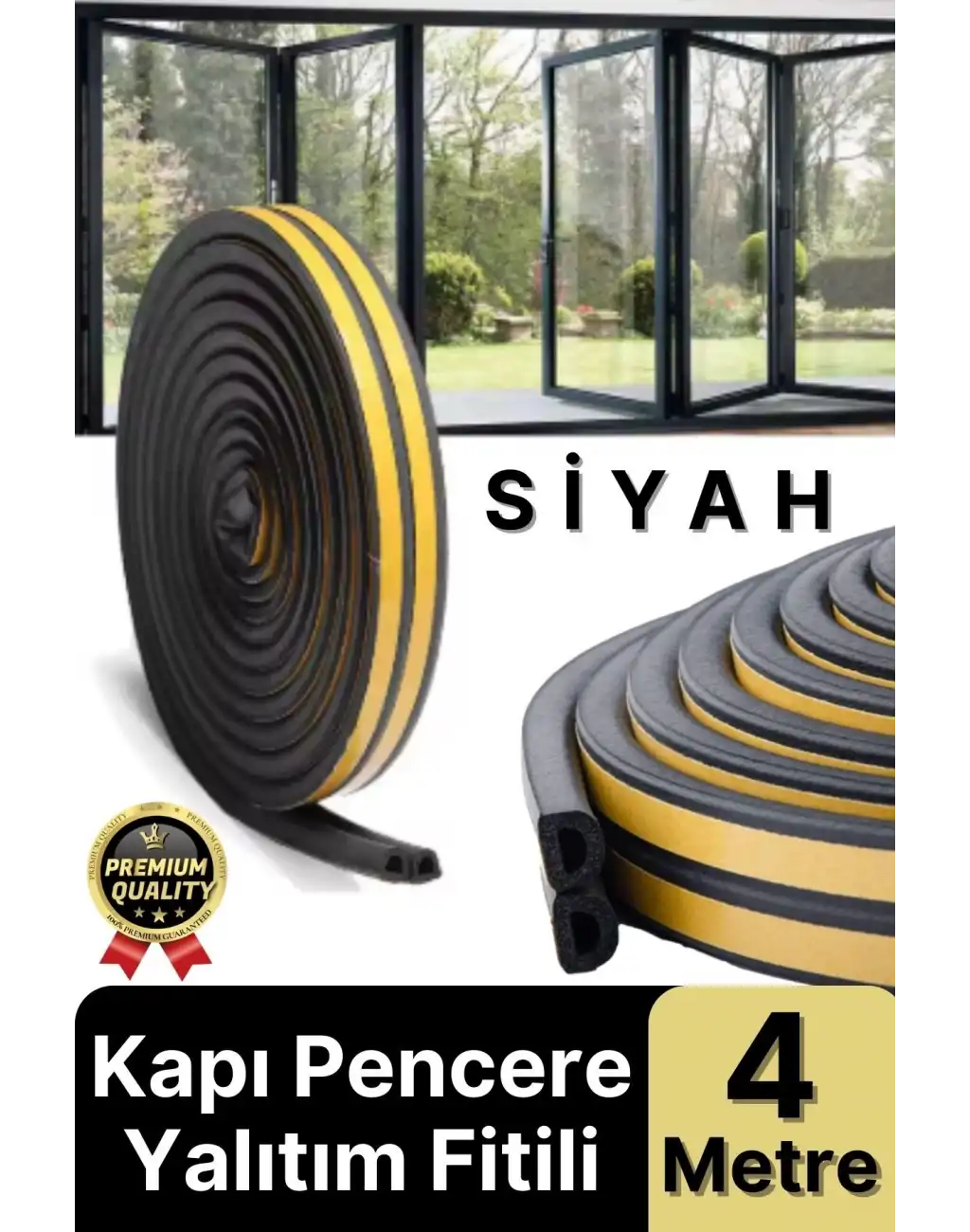 Güçlü Kendinden Yapışkanlı Kapı Pencere Soğuk Hava Geçirmez Yalıtım İzolasyon Siyah Fitil 4 Metre