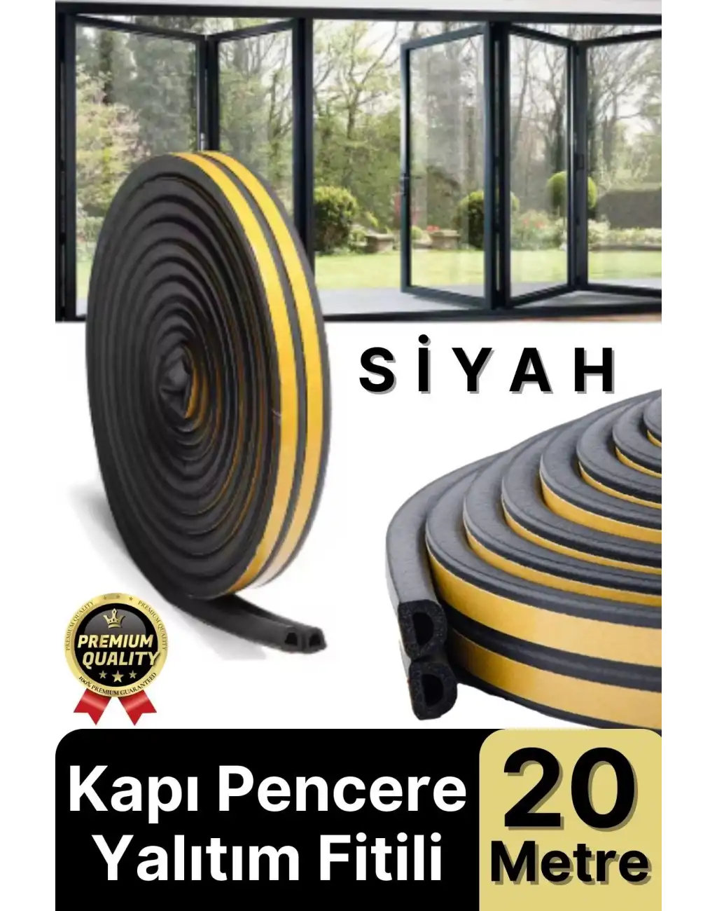 Güçlü Kendinden Yapışkanlı Kapı Pencere Soğuk Hava Geçirmez Yalıtım İzolasyon Siyah Fitil 20 Metre
