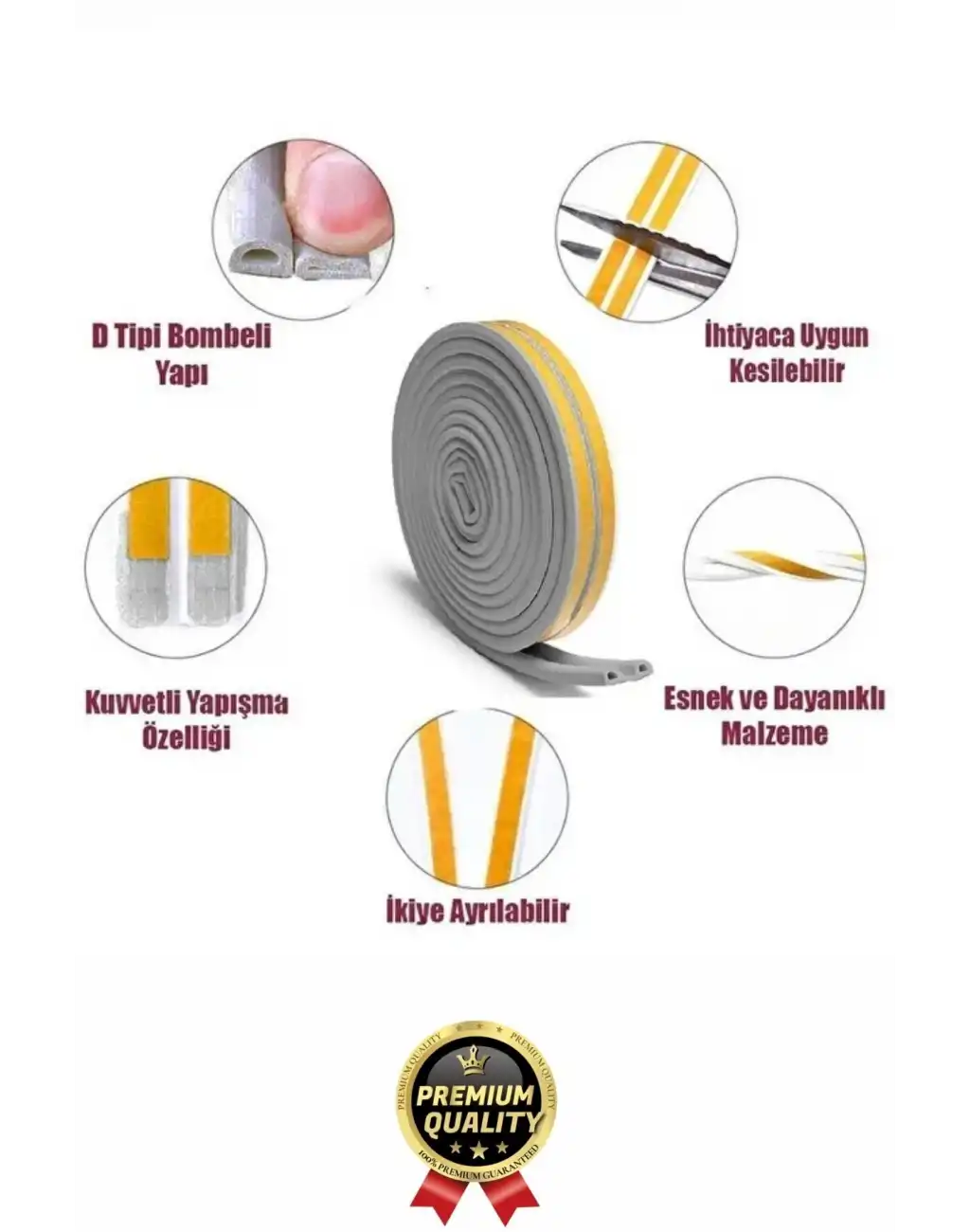 Güçlü Kendinden Yapışkanlı Kapı Pencere Soğuk Hava Geçirmez Yalıtım İzolasyon Gri Fitil 4 Metre