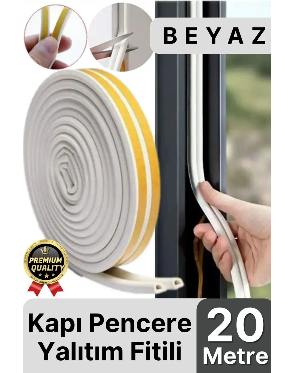 Güçlü Kendinden Yapışkanlı Kapı Pencere Soğuk Hava Geçirmez Yalıtım İzolasyon Beyaz Fitil 20 Metre