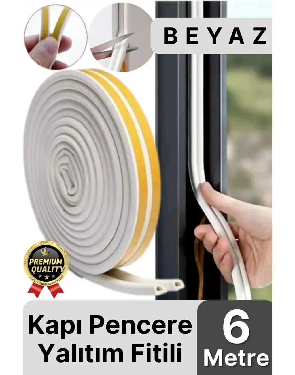 Güçlü Kendinden Yapışkanlı Kapı Pencere Soğuk Hava Geçirmez Yalıtım İzolasyon Beyaz Fitil 6 Metre
