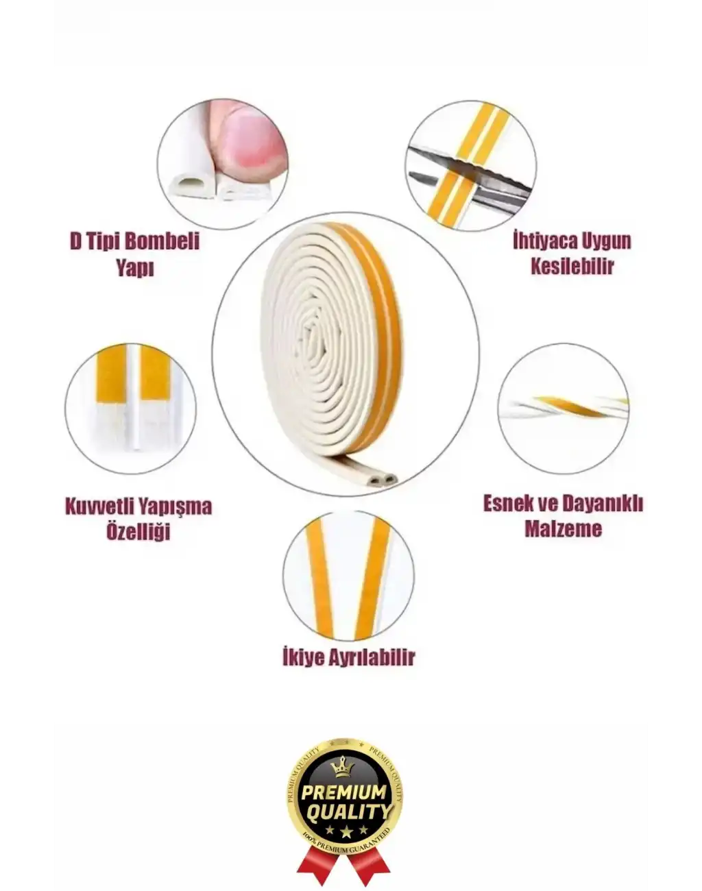 Güçlü Kendinden Yapışkanlı Kapı Pencere Soğuk Hava Geçirmez Yalıtım İzolasyon Beyaz Fitil 6 Metre