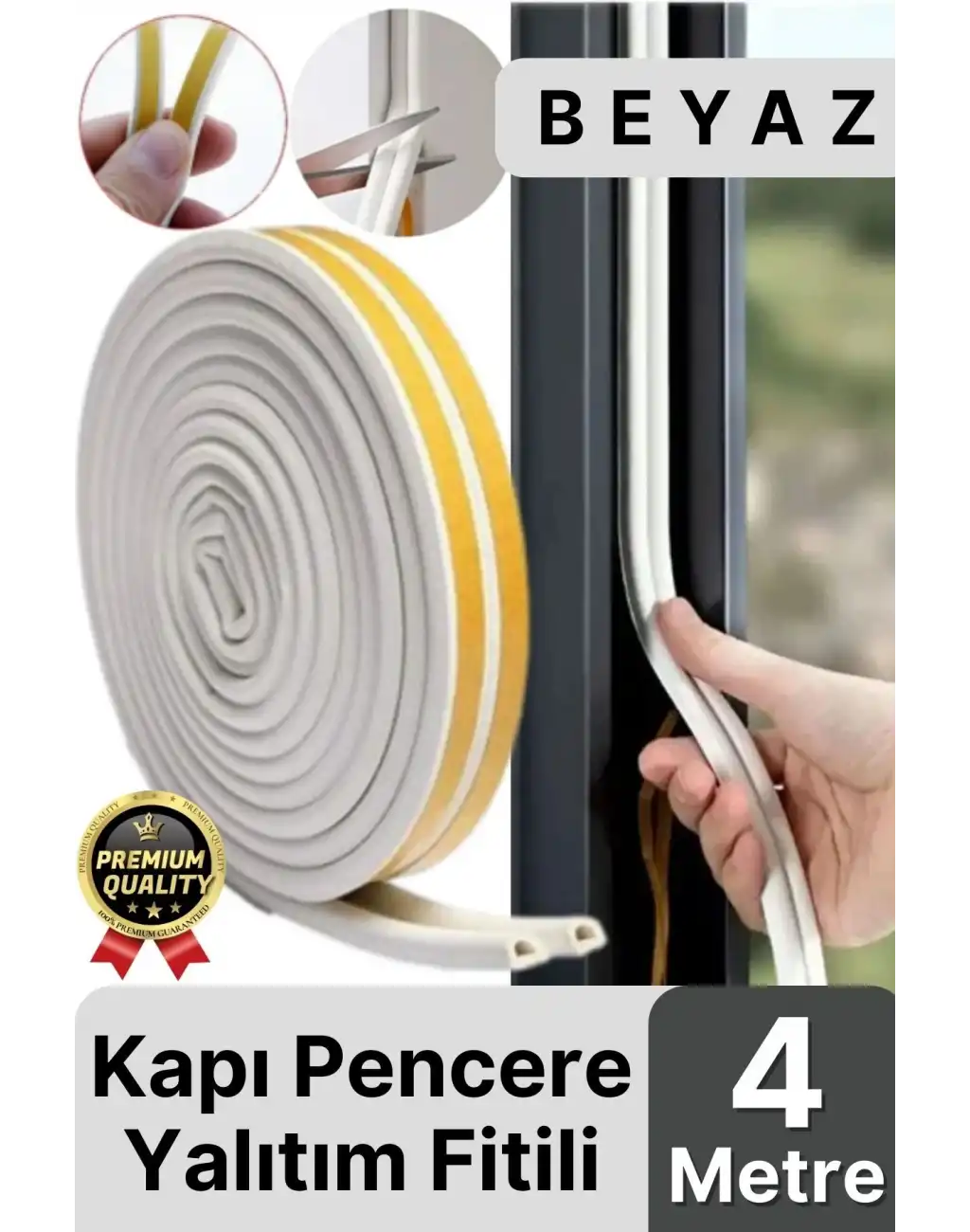 Güçlü Kendinden Yapışkanlı Kapı Pencere Soğuk Hava Geçirmez Yalıtım İzolasyon Beyaz Fitil 4 Metre