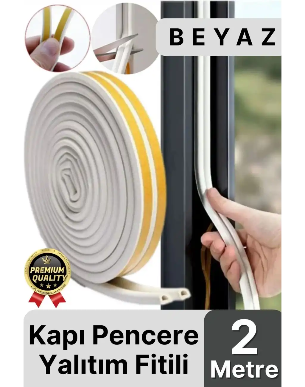 Güçlü Kendinden Yapışkanlı Kapı Pencere Soğuk Hava Geçirmez Yalıtım İzolasyon Beyaz Fitil 2 Metre