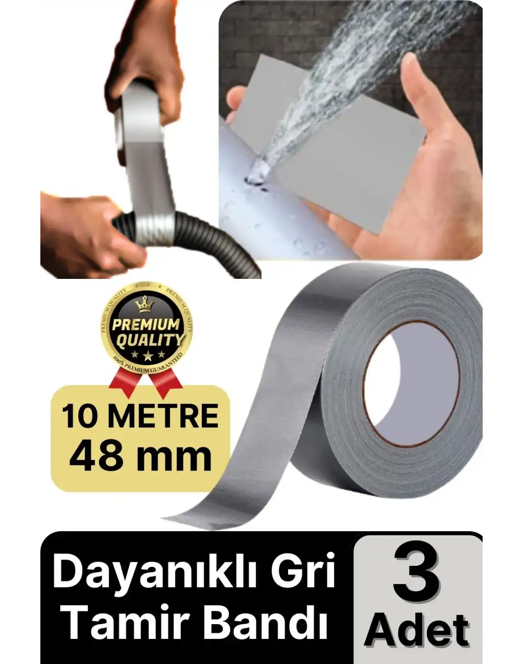 3 Adet Ekstra Güçlü Dayanıklı Su Geçirmez Sızdırmaz Yalıtım İzolasyon Gri Tamir Bandı 10 Mt 48 Mm