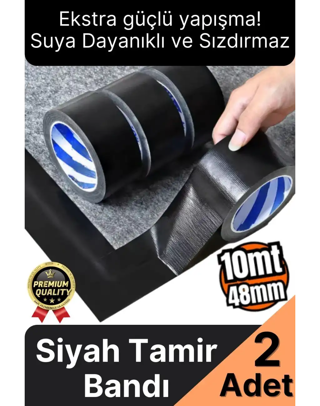 2 Adet Ekstra Güçlü Dayanıklı Su Geçirmez Sızdırmaz Yalıtım İzolasyon Siyah Tamir Bandı 10 Mt 48 Mm