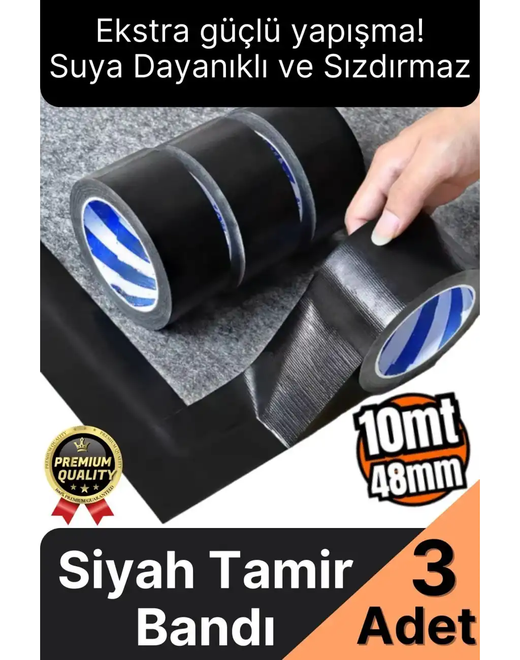 3 Adet Ekstra Güçlü Dayanıklı Su Geçirmez Sızdırmaz Yalıtım İzolasyon Siyah Tamir Bandı 10 Mt 48 Mm