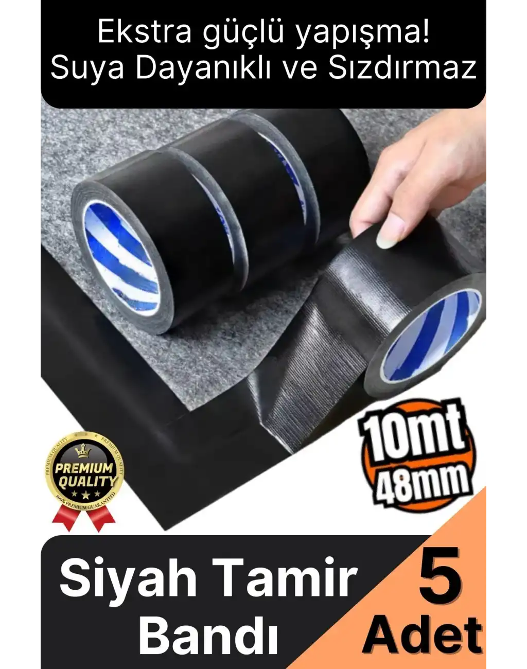 5 Adet Ekstra Güçlü Dayanıklı Su Geçirmez Sızdırmaz Yalıtım İzolasyon Siyah Tamir Bandı 10 Mt 48 Mm