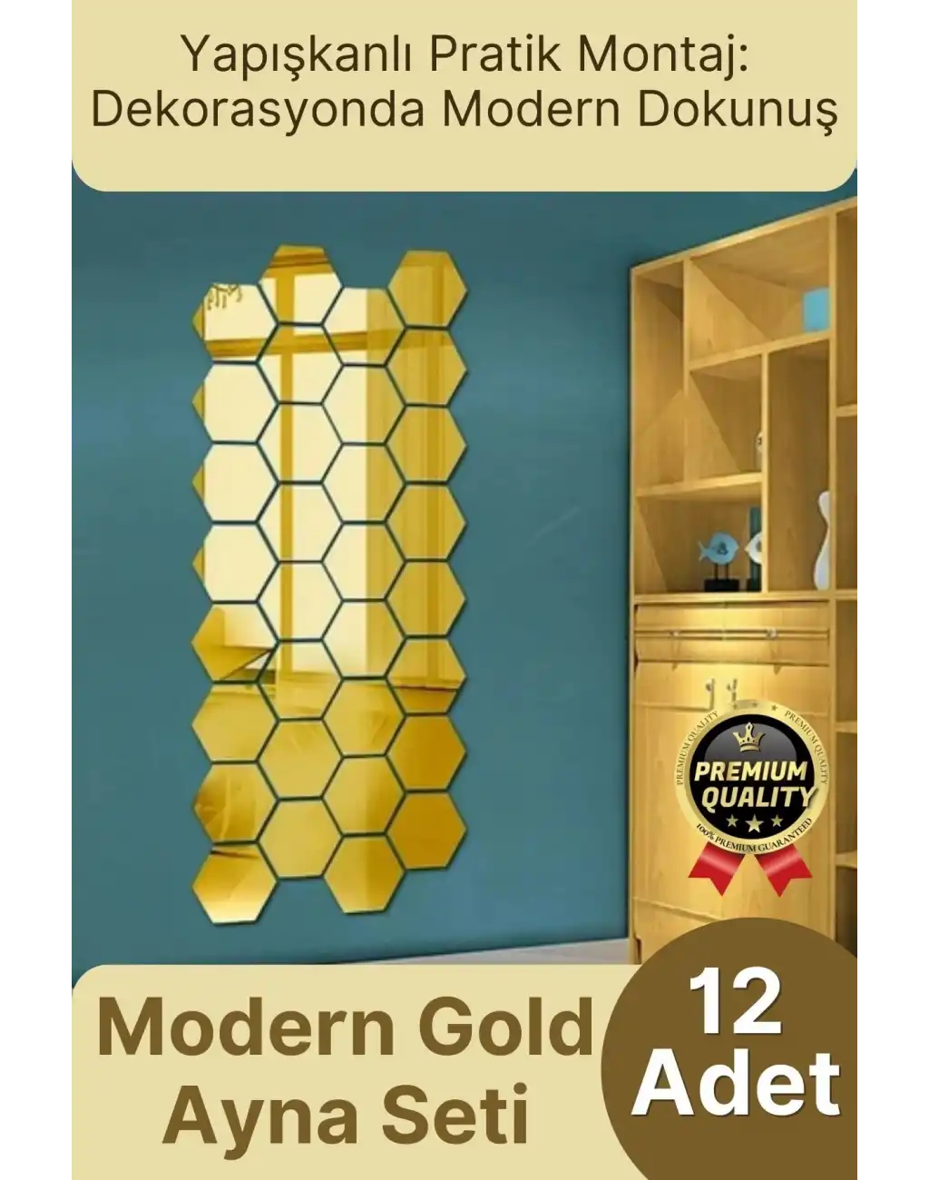 Yeni Seri Modern Şık Tasarım Dekoratif Altıgen Ev Ofis Duvar Dolap Yapışkanlı Gold Ayna Seti 12 Adet