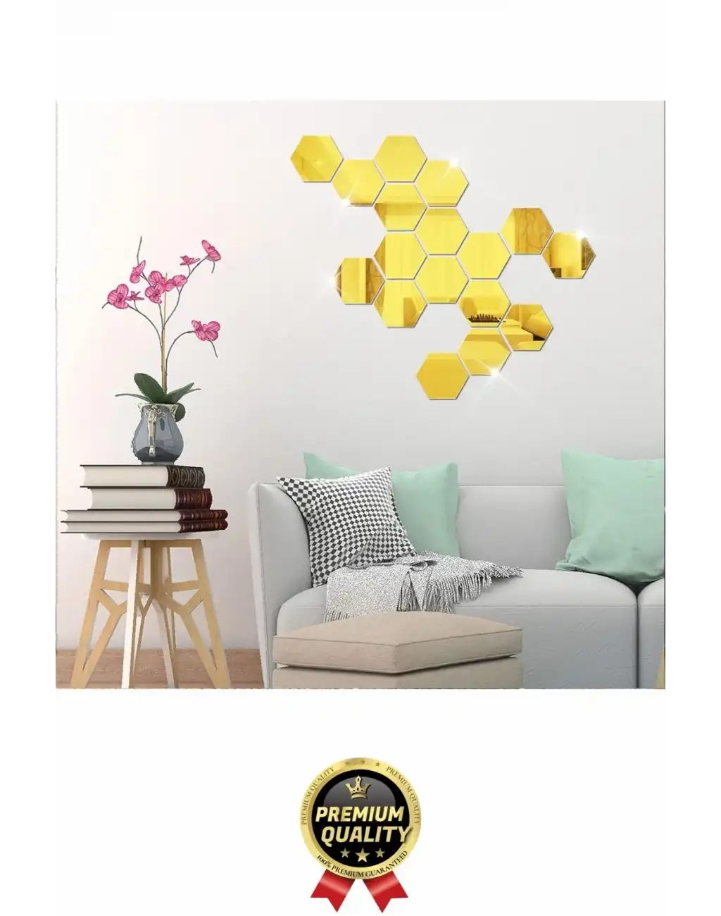 Yeni Seri Modern Şık Tasarım Dekoratif Altıgen Ev Ofis Duvar Dolap Yapışkanlı Gold Ayna Seti 12 Adet