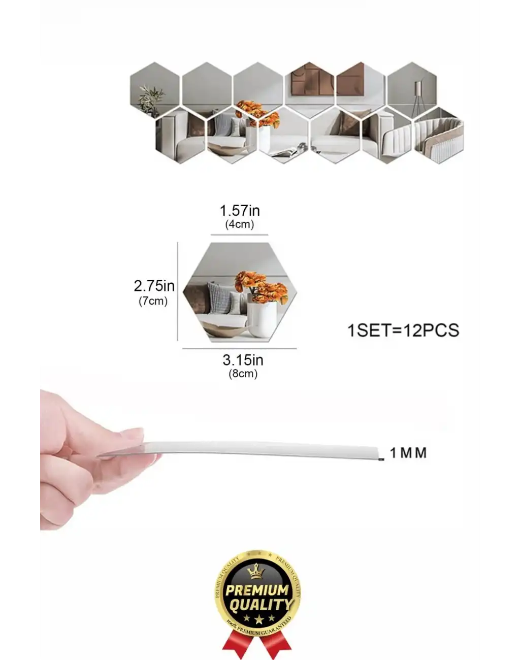Yeni Seri Modern Şık Tasarım Dekoratif Altıgen Ev Ofis Duvar Dolap Yapışkanlı Gold Ayna Seti 12 Adet