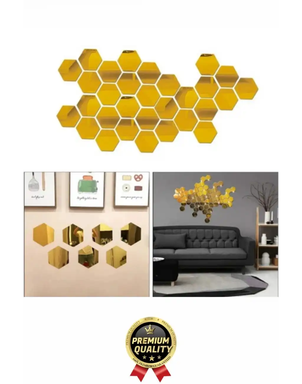 Yeni Seri Modern Şık Tasarım Dekoratif Altıgen Ev Ofis Duvar Dolap Yapışkanlı Gold Ayna Seti 12 Adet