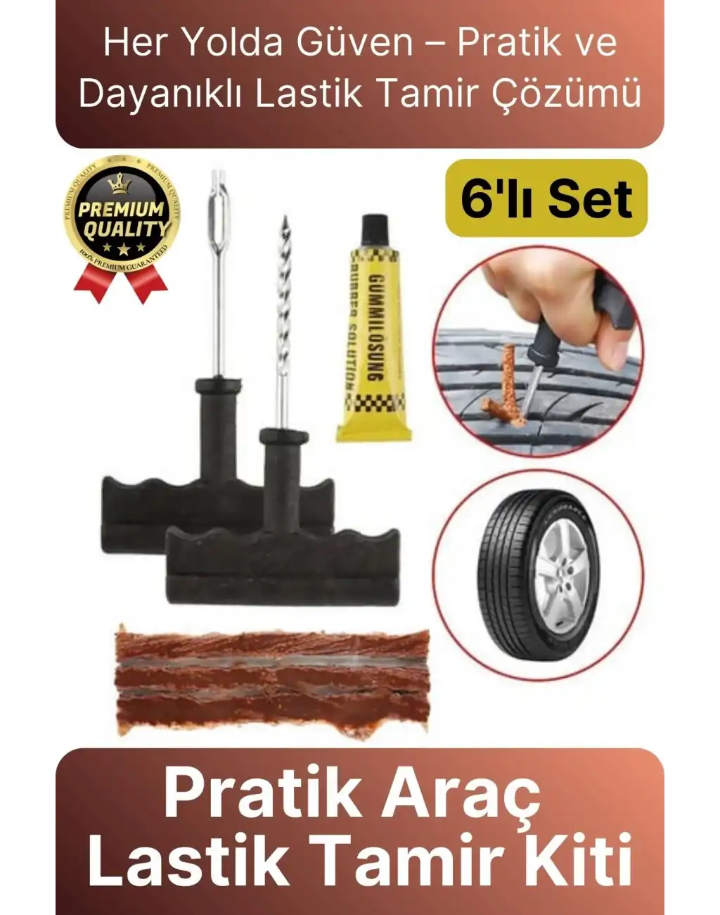 Çok Amaçlı Pratik Patlayan Tekerlek Araç Bisiklet Lastik Tamir Kiti Macun Fitil Atma Seti 6 Parça
