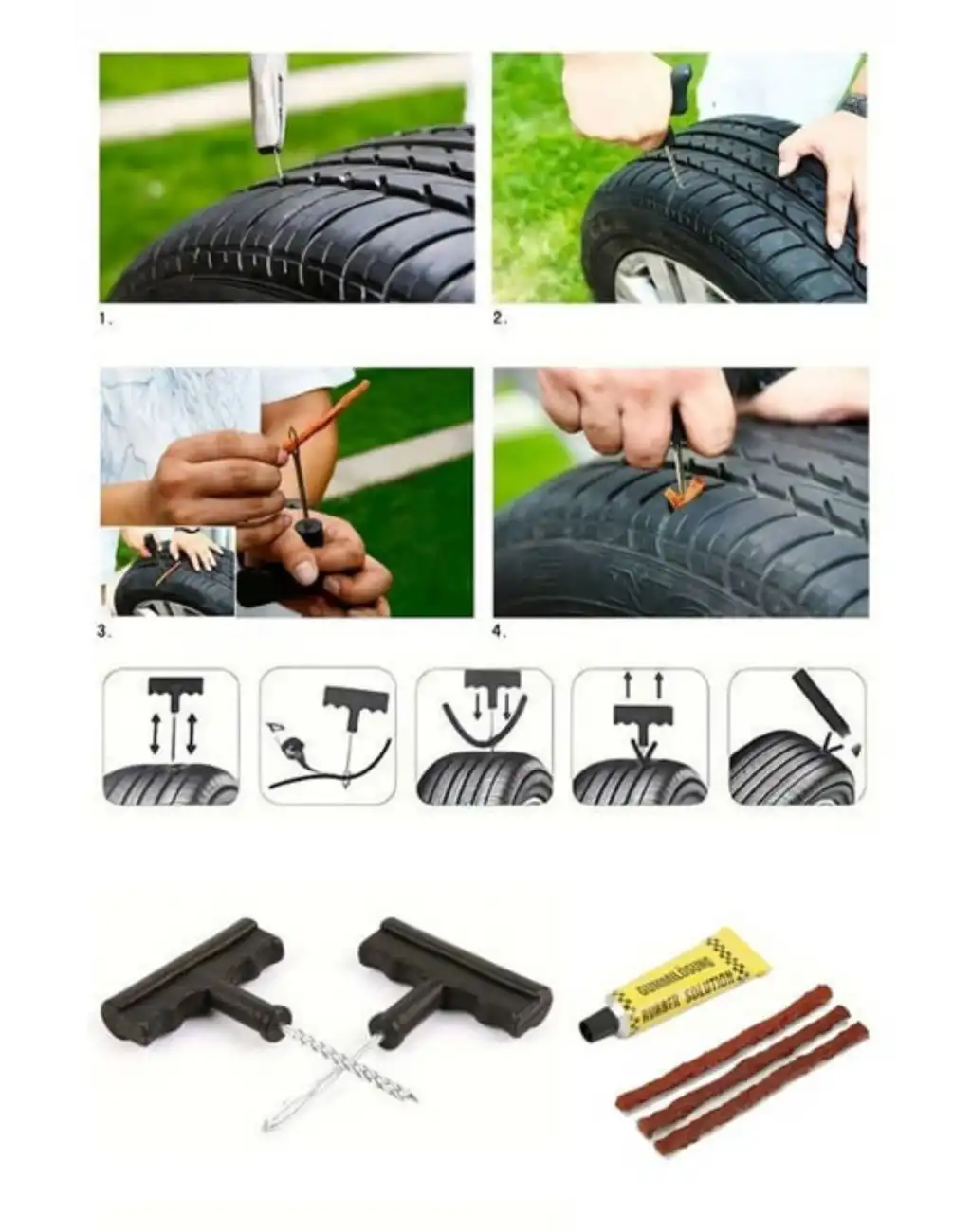 Çok Amaçlı Pratik Patlayan Tekerlek Araç Bisiklet Lastik Tamir Kiti Macun Fitil Atma Seti 6 Parça