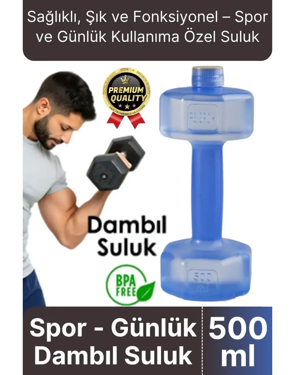 Özel Üretim Fitness Spor Okul Koşu Bpa İçermeyen Plastik Matara Günlük Mavi Dambıl Suluk 500 ml